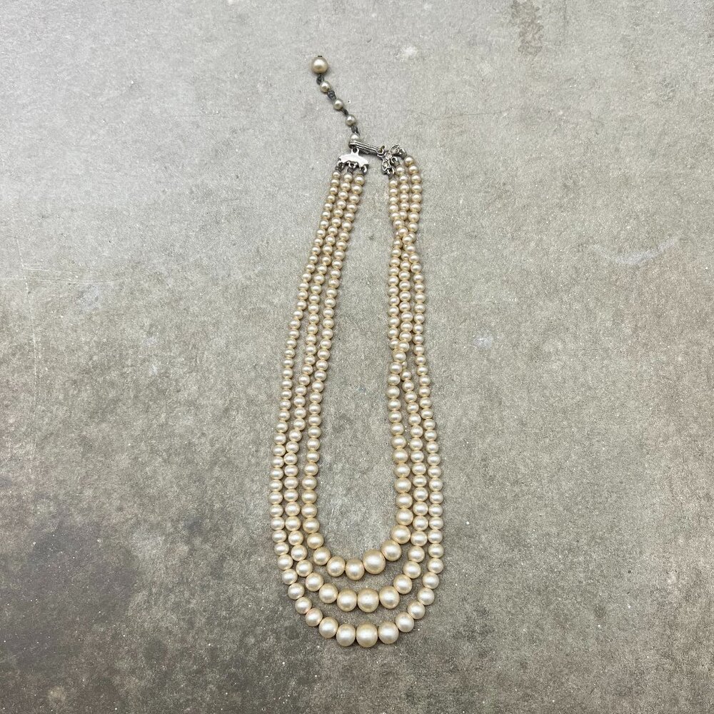 Triple Strand of Vintage Faux Ivory Pearls with Hook Closure